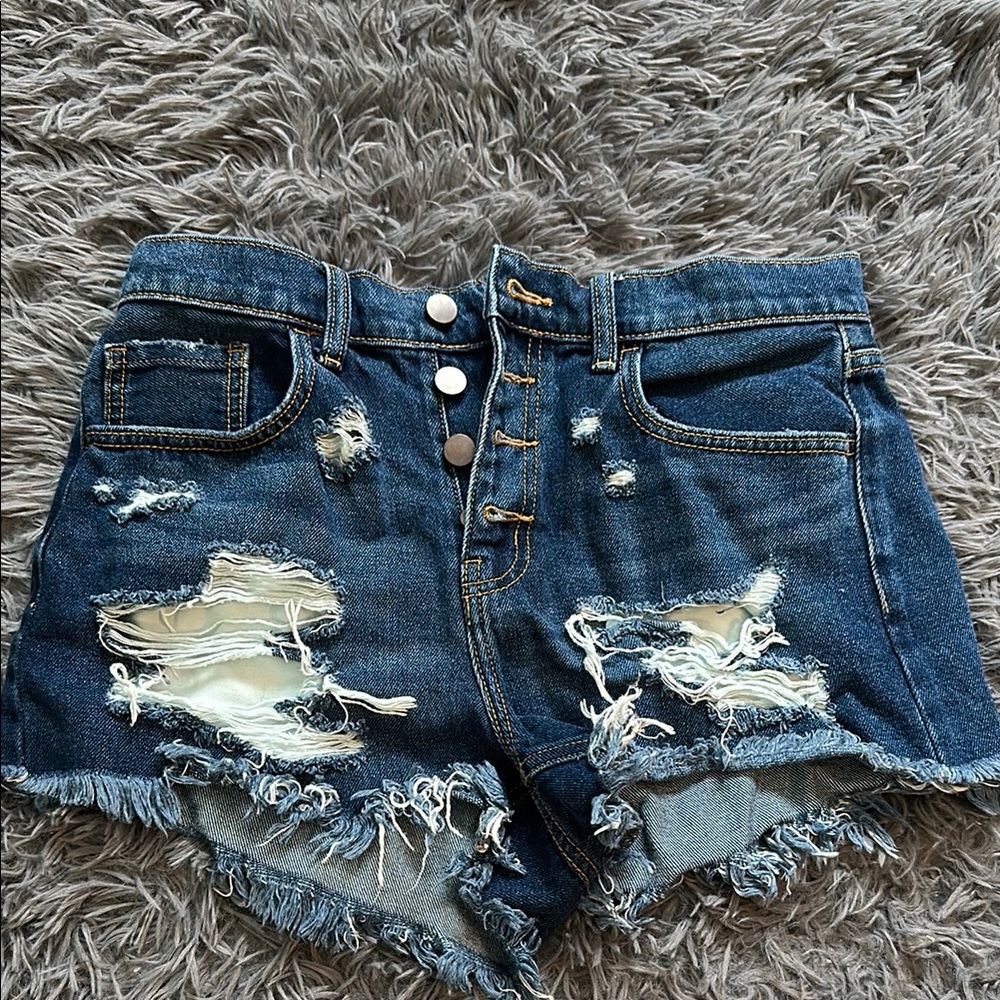Blue Jean Shorts with High-Waisted Design and Distressed Details